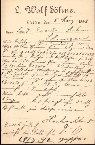 E 736 Pommern, Stettin Geschäftskarte der Firma L. Wolf Söhne