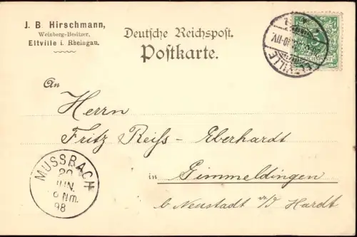 E 735 Eltville Geschäftskarte des Weingut  J. B. Hirschmann, Rheingau