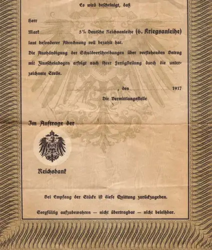E 475 Quittung 6. Kriegsanleihe 1917,  R. S.. mit Kinderzeichnung Hindenburg