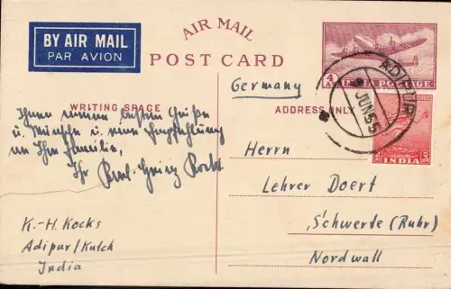 E 478 Ganzsache Luftpost Indien Adipur, Kutch nach Deutschland 1955