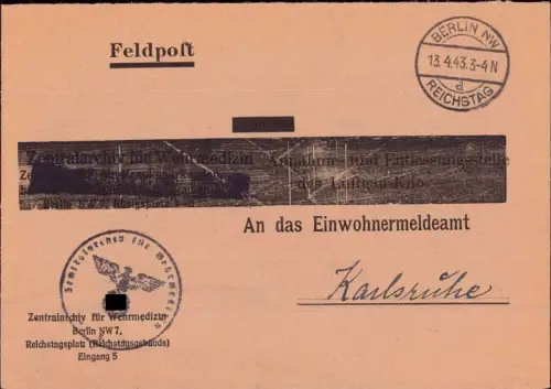 E 211, Feldpost, Zentralarchiv für Wehrmedizin, Reichstag Berlin