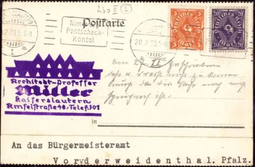 E 1119 Architektur Geschäftskarte des Architekten Prof. Miller Kaiserslautern