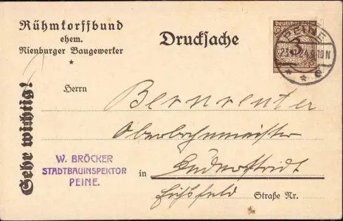 E 1121 Architektur Geschäftskarte des Rühmkorffbund Nienburg, Bröcker Peine