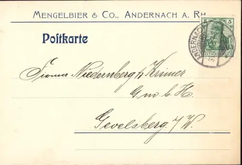 E 742 Andernach Geschäftskarte der Firma Mengelbier & Co
