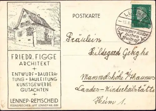 E 1122 Architektur Geschäftskarte des Architekten Figge Remscheid Lennep