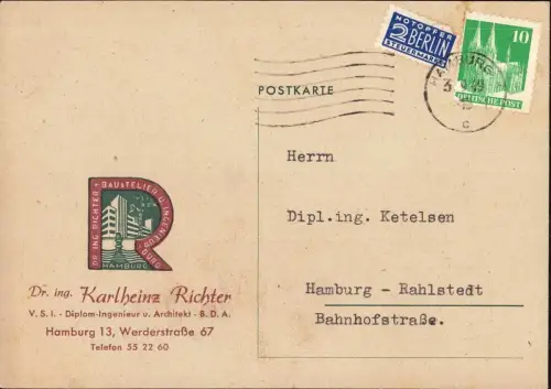 E 1125 Architektur 2 Geschäftskarten des Architekten BDA Richter Hamburg