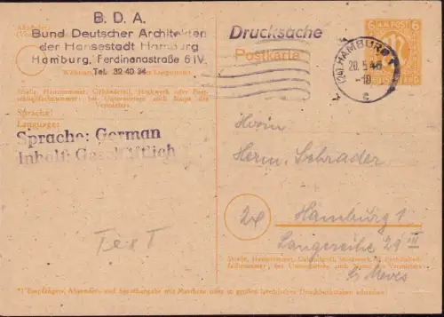 E 1129 Architektur Geschäftskarte Bund Deutscher Architekten BDA Text Hamburg