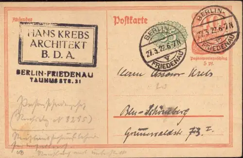 E 1130 Architektur Geschäftskarte des Architekten BDA Krebs Berlin Friedenau