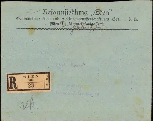 E 1135 Architektur Geschäftsbrief der Reformsiedlung Eden, Wien 