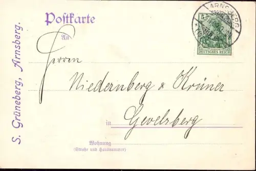 E 759 Geschäftskarte der Firma Grüneberg Arnsberg