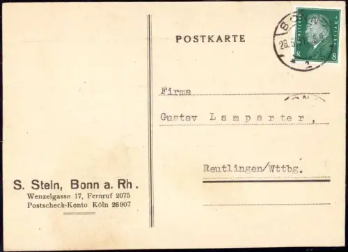 E 765 Geschäftskarte der Firma S. Stein, Bonn