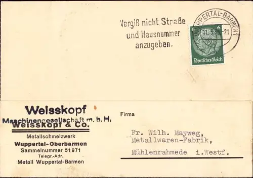 E 766 Geschäftskarte der Firma Weisskopf Wuppertal Oberbarmen