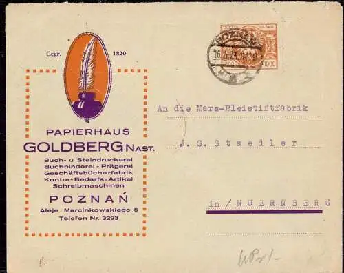 O-0010, dekorativer Brief mit Werbung des Papierhaus Goldberg aus Posen 1923