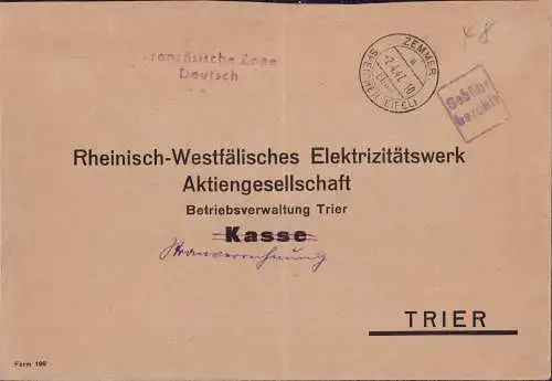 O-0017, Französische Zone Gebühr Bezahlt auf Brief 1947 aus Zemmer über Speicher, Eifel