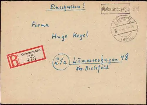 O-0018, Französische Zone Gebühr Bezahlt auf Brief 1946 aus Obermarchtal Kreis Ehingen