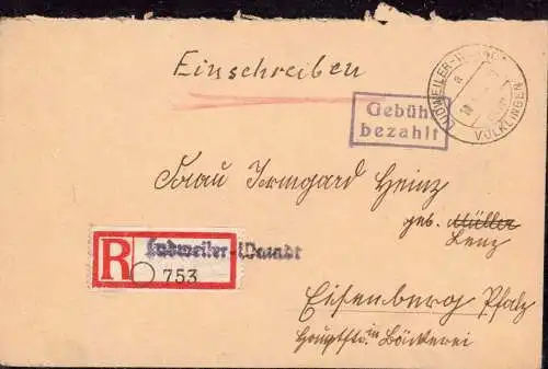 O-0019, Französische Zone Gebühr Bezahlt auf Brief 1946 aus Ludweiler über Völklingen, Saar