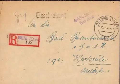 O-0021, Französische Zone, Brief per Einschreiben mit Gebühr Bezahlt 1946 aus Bühl, Baden
