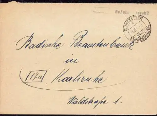 O-0022, Französische Zone, Brief  mit Gebühr Bezahlt 1946 aus Eichstetten über Emmendingen