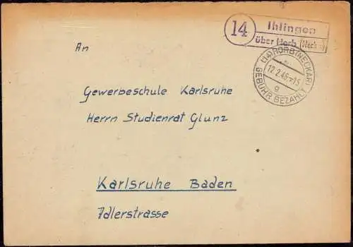 O-0023, Französische Zone, Brief mit Gebühr Bezahlt 1946 und Landpoststempel aus Ihlingen über Horb