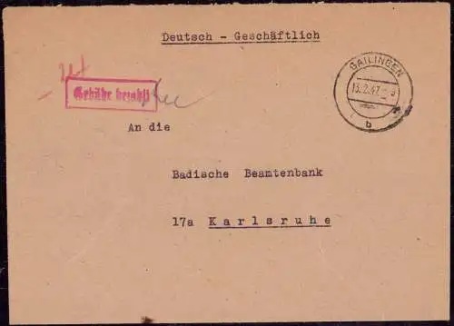 O-0024, Französische Zone, Brief mit Gebühr Bezahlt 1946 aus Gailingen Kreis Konstanz