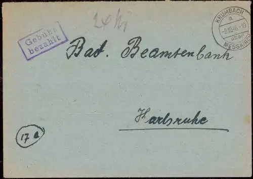 O-0027, Französische Zone, Brief mit Gebühr Bezahlt 1946 aus Krumbach über Messkirch, Meßkirch