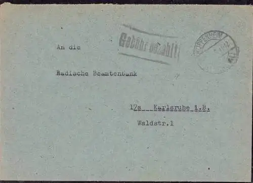 O-0028, Französische Zone, Brief mit Gebühr Bezahlt 1946 aus Kuppenheim bei Rastatt