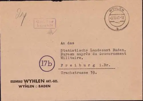 O-0030, Französische Zone, Brief mit Gebühr Bezahlt 1946 aus Wyhlen