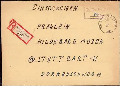 0031, Französische Zone, Brief mit Gebühr Bezahlt von 1947 und Württembergischen Altstempel aus Zwiefaltendorf OT Riedlingen