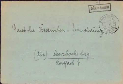 O-0034, Französische Zone, Brief mit Gebühr Bezahlt von 1947 aus Virneburg über Mayen