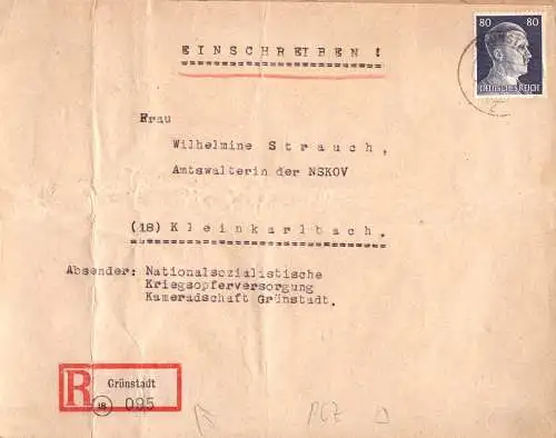 O-0036, Große Briefvorderseite von 1944 mit einer EF der 80 Pfg. und das Einschreiben mit Postleitzahl PLZ (18) 