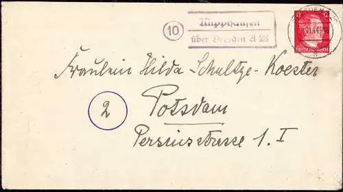 O-0038, Brief 1944, Posthilfsstellenstempel mit Postleitzahl (10) Klipphausen über Dresden 