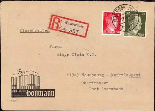 O-0039, Brief 1944, Einschreibzettel mit Postleitzahl, PLZ (23) Wesermünde