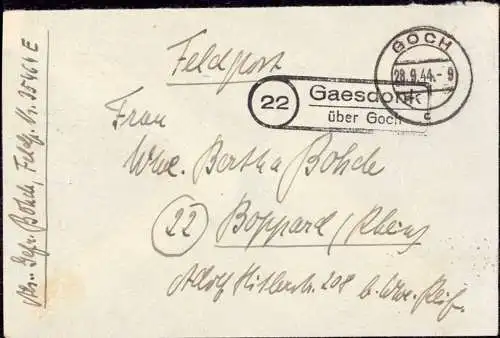 O-0040, Feldpost - Brief 1944, Posthilfsstellenstempel mit Postleitzahl (22) Gaesdonk über Goch
