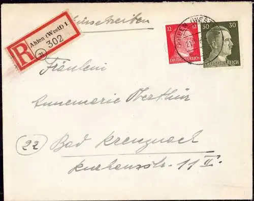 O-0041, Brief 1944, Einschreibzettel mit Postleitzahl, PLZ (21) Ahlen (Westfalen)