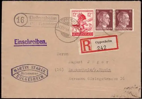 O-0042, Brief 1944, Posthilfsstellenstempel mit Postleitzahl (16) Dolgesheim über Oppenheim
