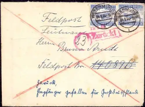 O-0043, Brief 1944, Feldpost - Brief mit Retourstempel und handschriftlich eingetragener Postleitzahl (23)  Zurück, Empfänger gefallen für Großdeutschland, nach Wesermünde