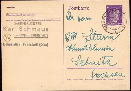 O-0045, Karte 1944, aus Karwin, Oberschlesien, Stempel mit  Postleitzahl (9a) PLZ