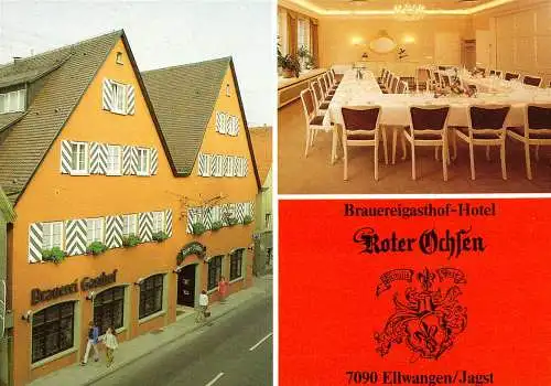 [Echtfotokarte farbig] O-0050, Ansicht Gasthaus und Brauerei Roter Ochsen in Ellwangen Jagst. 