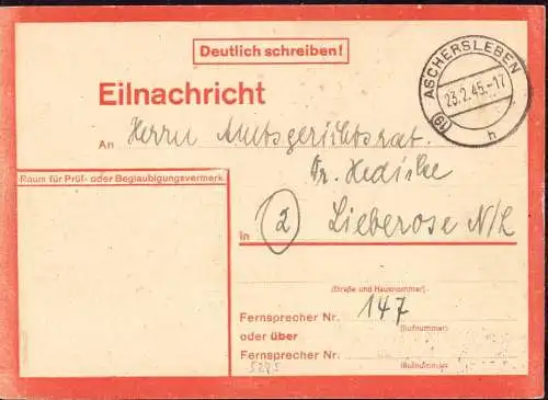 O-0062, Eilnachrichtenkarte, 1945, aus Aschersleben Stempel mit Postleitzahl (19) PLZ