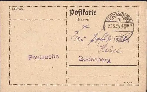 O-0065, portofreie Postsache aus Godesberg OT Bonn von 1925