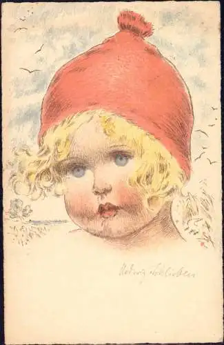 [Hand-Koloriert] O-0066, Kinderportrait, Original Radierung von 1938, handkoloriert von Hedwig von Schlieben als Ansichtskarte von Bad Segeberg nach Eisenach. 