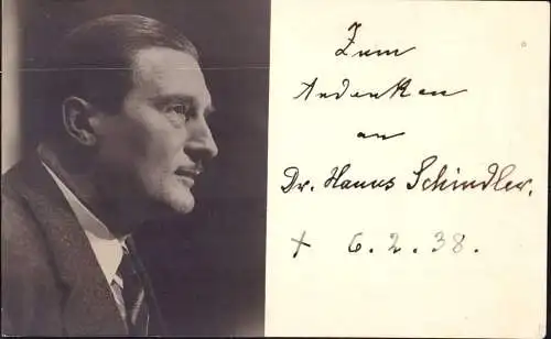 [Echtfotokarte schwarz/weiß] O-0067, Portrait von Dr. Hanns Schindler, 6. 2. 1938, Leiter des Kabarett der Komiker Theaterin Berlin. 