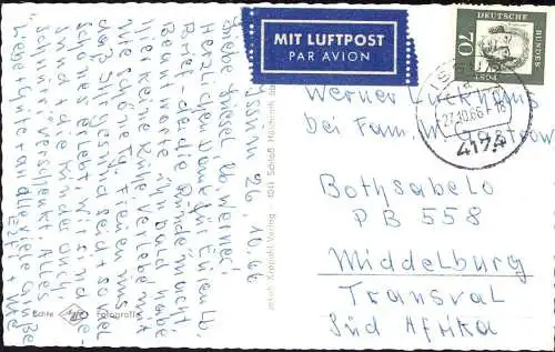 O-0068, Luftpostkarte aus Issum nach Süd Afrika frankiert mit 70 Pfg. Bedeutende Deutsche