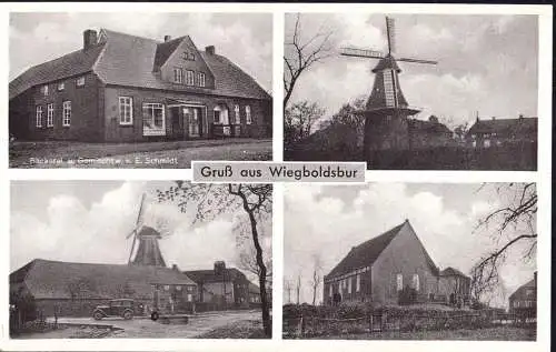 [Echtfotokarte schwarz/weiß] O-0069, Ortsansicht von Wiegboldsbur im Südbrookmerland mit Mühle. 