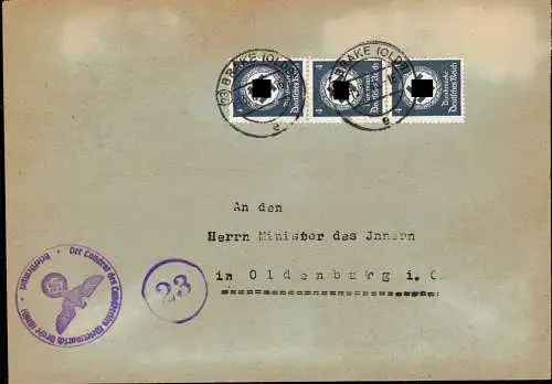 O-0072, Dienstbrief 1945 aus Brake in Oldenburg, Postautomatisation Stempel mit Postleitzahl (23) PLZ