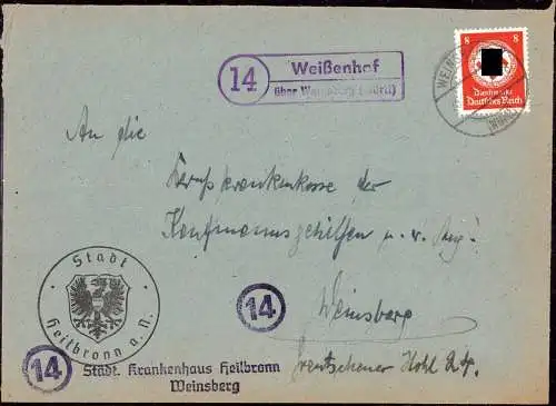 O-0073, Dienstbrief 1945 aus Posthilfsstelle Weissenhof über Weinsberg, Heilbronn, Postautomatisation Stempel mit Postleitzahl (14) PLZ