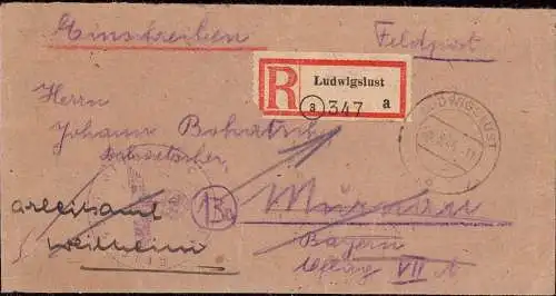 O-0074, Feldpostbrief 28.3. 1945 aus Ludwigslust, Postautomatisation R - Zettel mit Postleitzahl (3) PLZ über Murnau nach Weilheim Oberbayern, Ankunft 4. 4. 1945