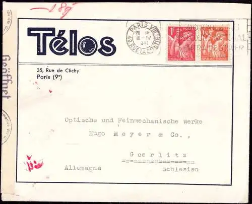 O-0075, Fotografie, Brief 1941 von der Fotoagentur Telos, Paris an die optischen Werke Meyer & Co in Görlitz, Zensur