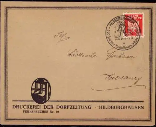 O-0076, Geschäftsbrief der Druckerei der Dorfzeitung Hildburghausen mit Werbestempel zur 600 Jahrfeier und Marke mit Firmenlochung  / Perfin