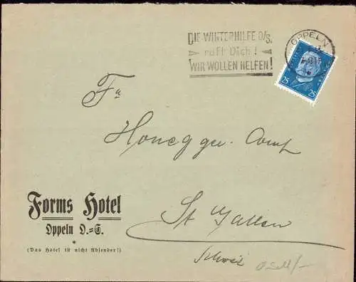 O-0077, Oberschlesien, Oppeln, Geschäftsbrief des Hotel Forms mit Werbestempel der  Winterhilfe  nach St. Gallen